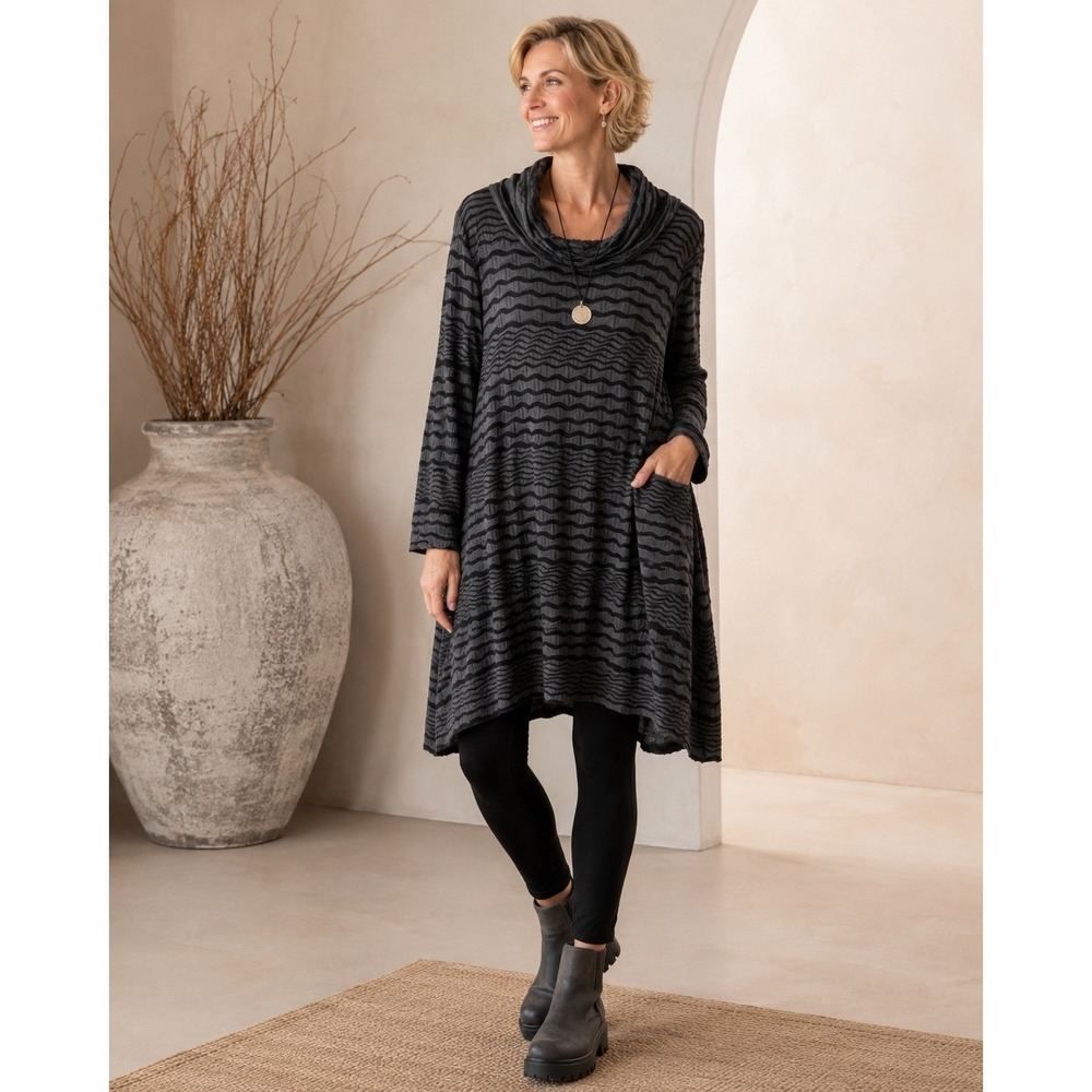 Chalet et Ceci Tunic Dress Women XL Gray Black Crinkle Textured Cowl Neck Pocket